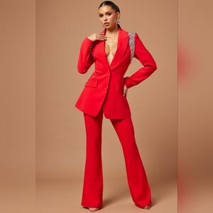 Fashion Nova Red Embellished Shoulder Blazer & Flared Pants